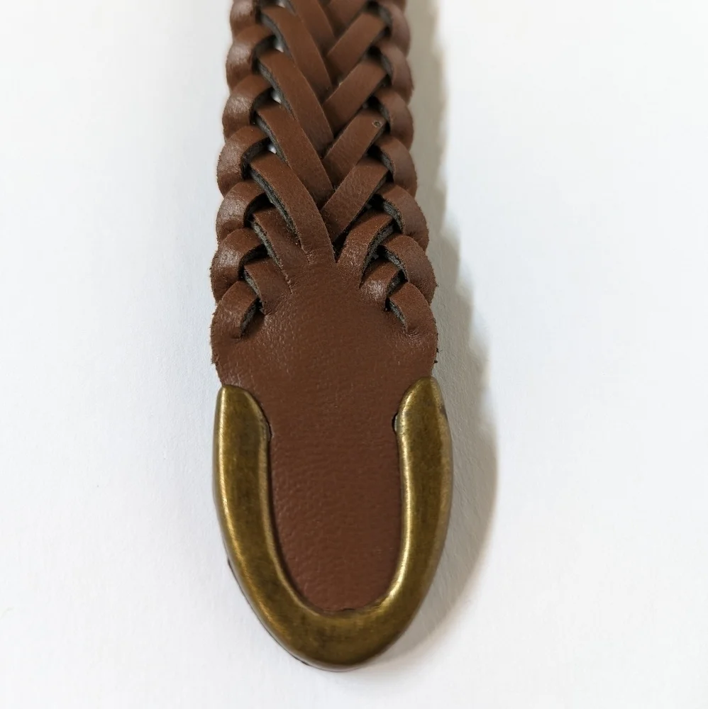 Braided Faux Leather & Suede Adjustable Unisex Belt Brown Olive Brass sz S 31 ½